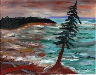 Sold Sentinel/Lake superior Coastline" 8"x10" acrylic on canvas. The wind was blowing so hard I stood on the shoreline and shouted into it and couldn't hear anything except for the sound of Superior crashing on this remote shoreline..." Big rolling waves with sprays of turquoise,blue and white..."This piece is a recent addition .Thank you Kristen...sold.
