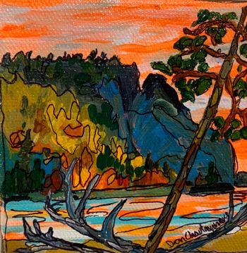 new "End of Day/Old Woman Bay" Lake Superior...4"x4'' acrylic on canvas.
