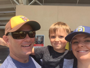 My son, grandson and daughter in law Padres Game 2016
