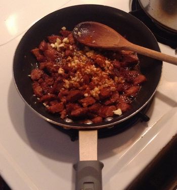 Chorizo and Garlic in the Pan
