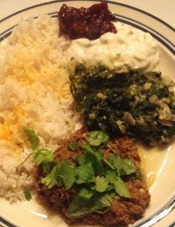 Indian Feast:  Dry-Cooked Spicy Meat, Sauteed Greens, Raita and Cranberry Chutney with Brown Jasmine Rice
