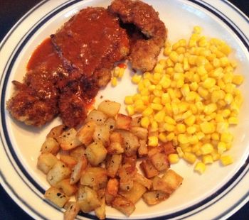 Schnitzel with Red Pepper & Smoked Paprika Purée with Cubed Sautéed Potatoes and Steamed Corn
