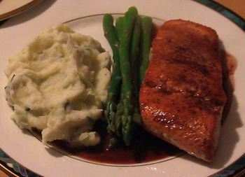 St. Patrick's Day Dinner:  Soy-Maple Glazed Salmon, Asparagus and Colcannon
