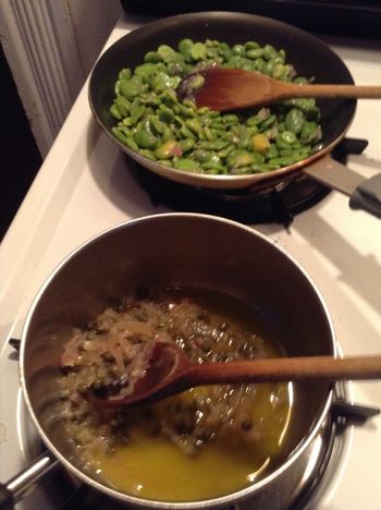 Favas and Lemon Caper Sauce in their Pans
