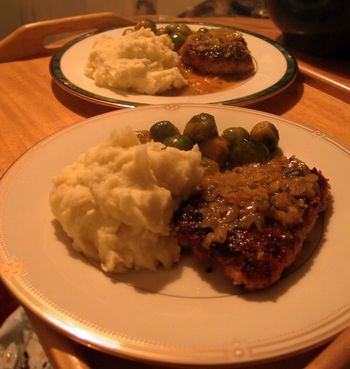 Chicken Saltimbocca with Garlic Truffle Mashed Potatoes and Maple Brussels Sprouts
