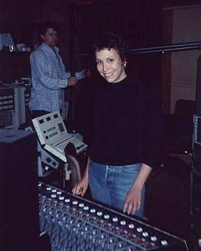 At Column One Recording Studio in Springfield, Missouri. Carolyne at the mixer as co-producer of the "Action Pact" album in February 1989.