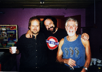 A casual backstage shot with Texas guitar master Buddy Whittington & The Godfather of British Blues, John Mayall in 1999.(Photo: Joe Yuele)
