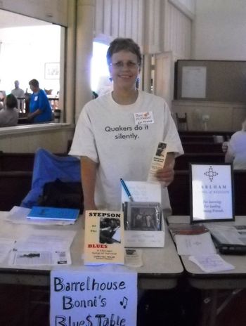 Bonni at Quaker market table, Illinois Yearly Meeting
