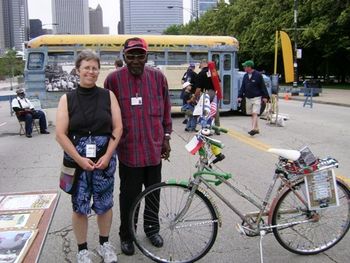 Bonni with Maxwell Street musician Frank "Little Sonny" Scott Jr. and his bike in front of Rev. Johnson's Blues Bus, Chicago Blues Fest 2010

