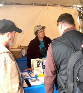 Bonni sells Stepson of the Blues books in Maxwell Steet tent, Chicago Blues Fest 2011
