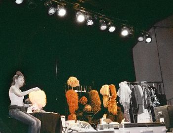 A common pre-show site: Here Bethany is on-stage in the Nothern Lights Casino showroom, Anacortes, WA., styling her Dolly Parton character wig which is one of many used in the show as seen hanging in
