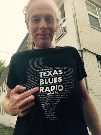 Dave is pointing to our band name on the KNON t-shirt. What a list! So proud to be among these great bands!