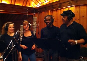 At Avatar Studios recording "One Word", by Yoshiaki Masuo, for Japanese earthquake relief fund. L to R: Susan Pereira, Carol Moore, Gino Sitson, Dennis Day
