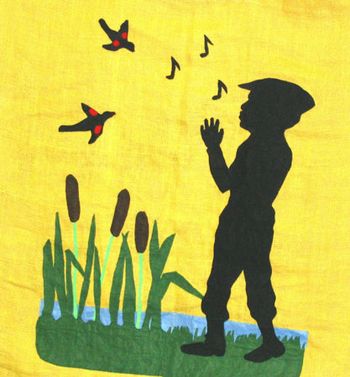 This personalized folkart applique of the Whistleboy is an integral part of Milt's stories
