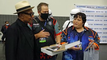 At Comicpalooza 2021, "The Mandalorian" star, Giancarlo Esposito, was moved to be inducted as honorary member of both Rebel Legion Kessel Base (Houston Region) and the 501st.  PCD Photo
