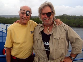 As their 2008 cruise draws to a close, Stan Waterman and Paul share a moment on the deck of Bilikiki after filming in the Solomon Islands.
