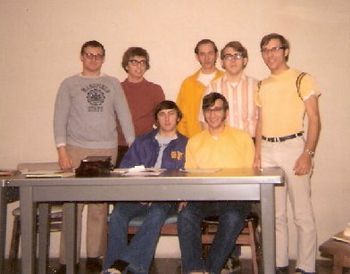 1972-73 Phi Sigma Pi Officers--seated (l-r) President Mike Salem & VP Charlie Shades; standing (l-r) Tom Taylor, pledgemaster; John Fennel, secretary; Ron Whitney, secretary; Mel "Bing" Wentzel, parli
