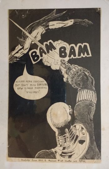 Ad for Bam Bam 1984 ep Villains (also wear white). design by David Ledgerwood.
