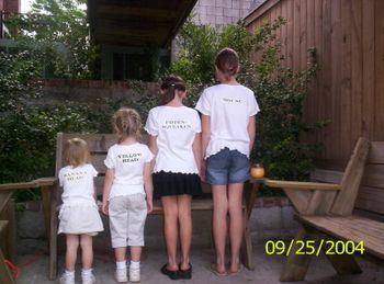 Each girl's shirt had their special "Hayseed" nickname: Anna/Bananahead, Kati Beth/Yellowhead, Millie Rose/Pippensqueaken, Mary Grace/Mouse
