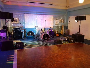 Stage set up for Tom and Ann's wedding blessing party at Brooklands museum - August 2017
