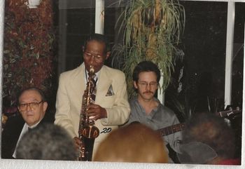 Ben Drake, unidentified sax player, me. Ben was my guitar/bass teacher early on, and a great mentor. RIP Ben.
