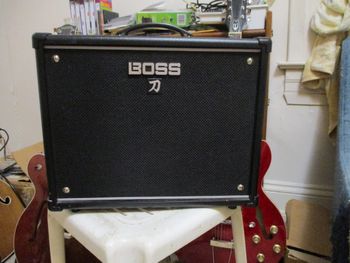 Boss Kitana(that's Japanese for sword, for what that's worth)A very nice compact amp with 50W of power and some nice 'modeling' sounds.
