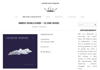 Divide and Conquer- https://www.divideandconquermusic.com/indie-music-album-reviews/indigo-boulevard-cloud-noise
