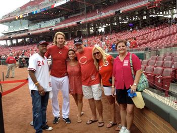 At batting practice for the Reds with our friend Eliot Sloan from "Blessid Union of Souls , Bronson Arroyo and some of my High School classmates , Penny and Gail.
