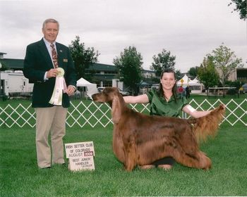 Shea going Best Junior with Bagger at the Irish Setter Club of Colorado Specialty.
