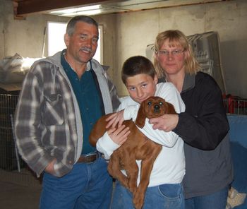 John and Sabine Sadrieh and their son Stephan. They now have the blue boy and his name is now Jeager. They plan on hunting with him. Stephan didn't know they were getting a puppy and it was pure joy on his face when he realized he could take the puppy home!!! They live in Conifer, Colorado.
