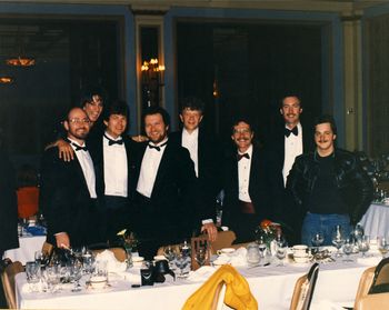 David Foster tribute dinner. Duncan Meiklejohn, April Gislason, David, Morry, Bob Benson, Bob Brown, Russ Botten, Campbell Ryga.
