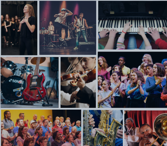 Pickering Academy Photo of students playing piano, singing, dancing, playing guitar, drums, bass, ukulele, strings, brass, and reed instruments, and also acting.
