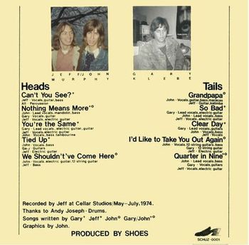 Artwork for the rear cover of the "Heads or Tails" release in 1974.
