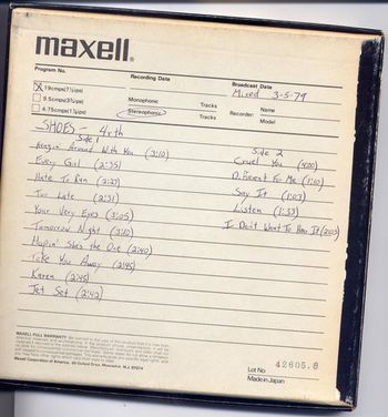 Original tape box of the 2-track master mixes for the Present Tense demos from 1978-1979.
