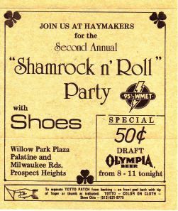 Back side of the peel-off sticker for Shoes' 1981 St. Patrick's Day gig at a club called Haymakers.
