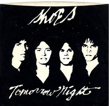 Cover, designed by John for the 1978 single release of "Tomorrow Night" on BOMP! records. To present a more unified look for the band, Skip's moustache was removed from the artwork by John using white-out!
