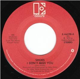 Label for "I Don't Miss You" with "Now and Then" on the flip side, the 3rd US single release from the "Present Tense" LP in 1979 on Elektra Records.

