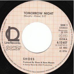 Label for the 1978 German release of the BOMP! version of the "Tomorrow Night", single on Line Records.

