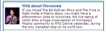 Featured on Main Page of the MTS Centre Website (Wowowee Event Coverage)
