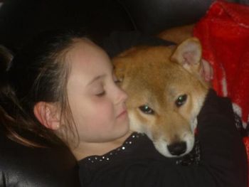 Our granddaughter Cyara with River her Shiba Inu puppy.
