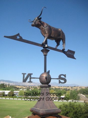 Custom Large Copper Longhorn Steer Weathervane with Custom Copper Finial and Forged Iron Directional Features / Location: Los Olivos, CA
