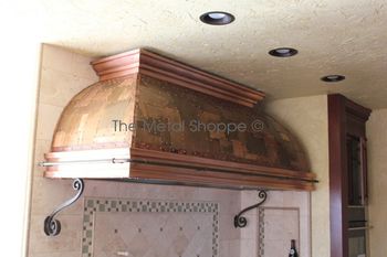 Alternate View: Custom Copper Hood - Dome Shape - Boilermaker Style with Iron Pot Rack and Corbels. Location: Firebaugh, CA
