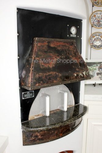To Match Larger Hood - Small Custom Copper Pizza Oven Hood and Matching Trim under shelf. Location: Hillsborough, CA
