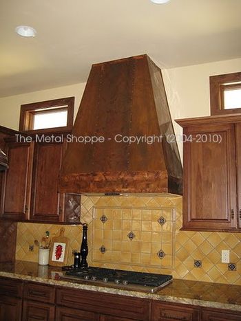 Rustic Copper Wall Mount Hood. Copper Sheet Surface Mounted to Existing Wood Shroud. / Location: Fowler, CA
