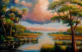 'Majestic  Florida Wilderness' Here's an older one from 2007 Mazz repaired it . 24 by 36" This was a Favorite of Dave Hlubek of Molly Hatchet band. Dave hung the Original in his home. (Private Collection)  But you can  Buy a Framed Print or Canvas Here! 
