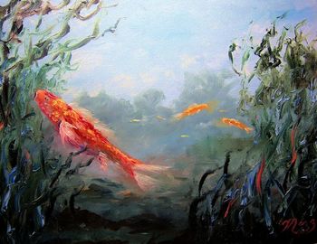 'Koi Fish Underwater' 18 by 24" Oil on Canvas. Palette knife and brush. Painted Oct. 10th, 2009....AlsoAvailable in Fine Art Prints, Click: MazzArtPrints.com
