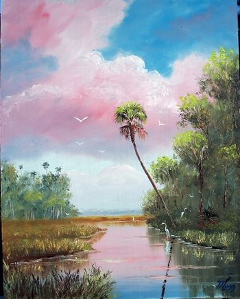Pink Clouds Everglades 16 by 20" Oil on Masonite Board. Lots of palette knife & brush. Painted Nov.24th, 2006 (SOLD - Collector in Bellevue, NE)
