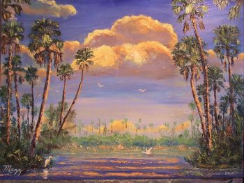 Florida Countryside Scene. 18 x 24" Stretched Canvas. Thick paint, Palette Knife Painting. All birds were made with the palette knife too. Painted July 2005 but Mazz made some changes during March 2006, such as highlighting the large clouds more, added 2 palm trees etc.
