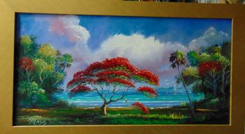 "Royal Poinciana Tree Overlooking the Lagoon" 15 by 29" Oil on Board Aug 9th 2022. ORIGNAL is AVAILABLE or You can Buy a Framed or Unframed Print Here!