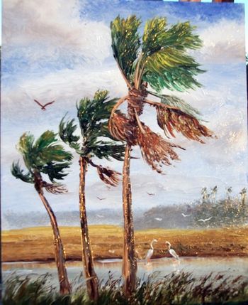 Windy Cabbage Palms 8 by 10" Lots of Palette knife & some brush. Oil on Board. Painted November 9th, 2006

